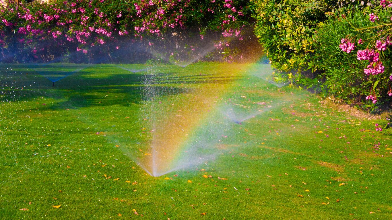 Sprinklers watering a green grass with rainbow
