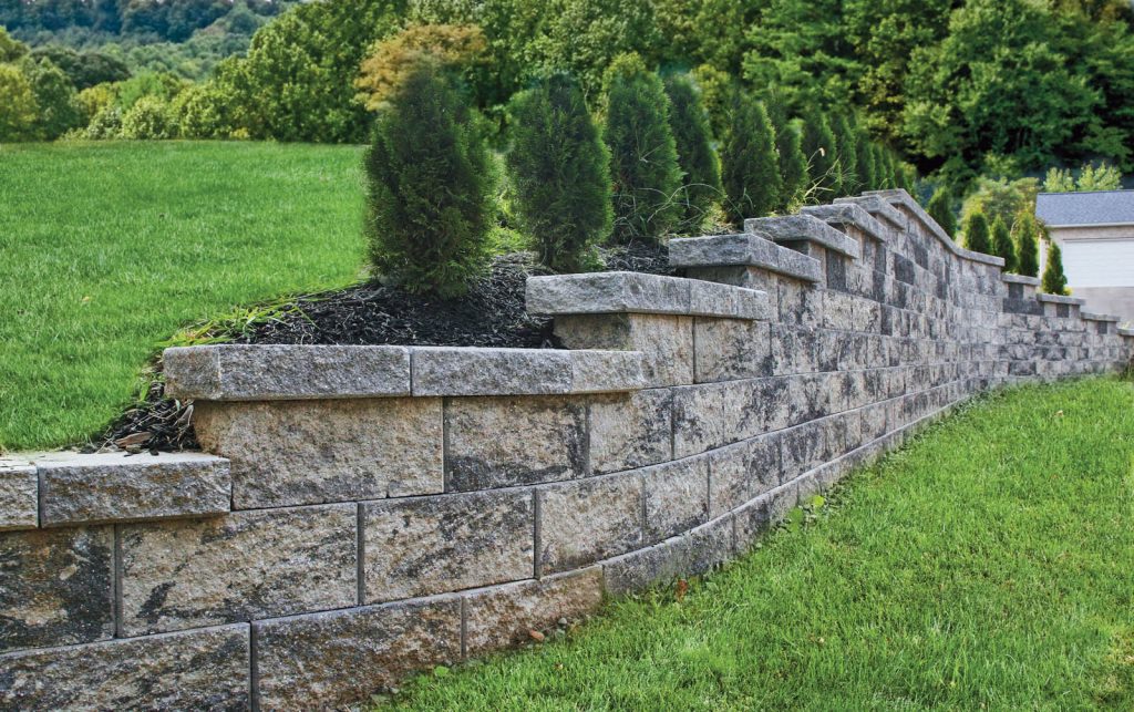Stone block retaining wall and mini trees